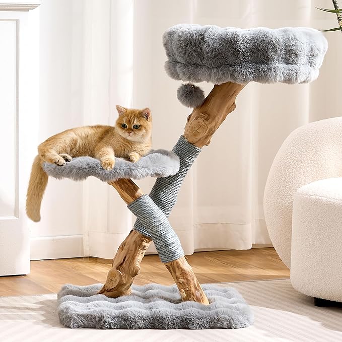 HITTITE Natural Wood Cat Tree Tower with Scratching Post, 32 Inches Tall Modern Cat Tower with Cozy Bed and Platforms, Luxury Real Branch Cat Tree for Indoor Cats Large Adult, Grey.