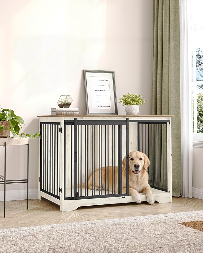 43.3" Dog Crate Furniture with Barn Door, Heavy Duty Dog Kennel Indoor with 2 Doors, Wooden Pet Cage End Table for Large Small Medium Dogs, Anti-Chew Anti-Escape, White Brown DFC92314B