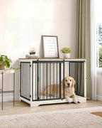 43.3" Dog Crate Furniture with Barn Door, Heavy Duty Dog Kennel Indoor with 2 Doors, Wooden Pet Cage End Table for Large Small Medium Dogs, Anti-Chew Anti-Escape, White Brown DFC92314B