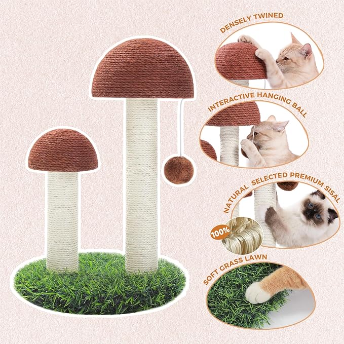PETEPELA Flower Cat Tree for Indoor Cats, 31.5'' Small Cat Tower Cat Condo with Sisal Scratching Ramp+ Cat Scratching Post, Mushroom Tall Cat Scratcher Featuring with Natural Sisal Scratching Poles