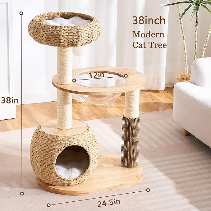 Modern Solid Wood Cat Tree Tower for Indoor Cats Large Adult, 38 inch Corner Cat Tree with Handmade Rattan Cat Bed, Luxury Aesthetic Cat Tree with Rattan Cave, Space Capsule, Groomer, Scratching Post