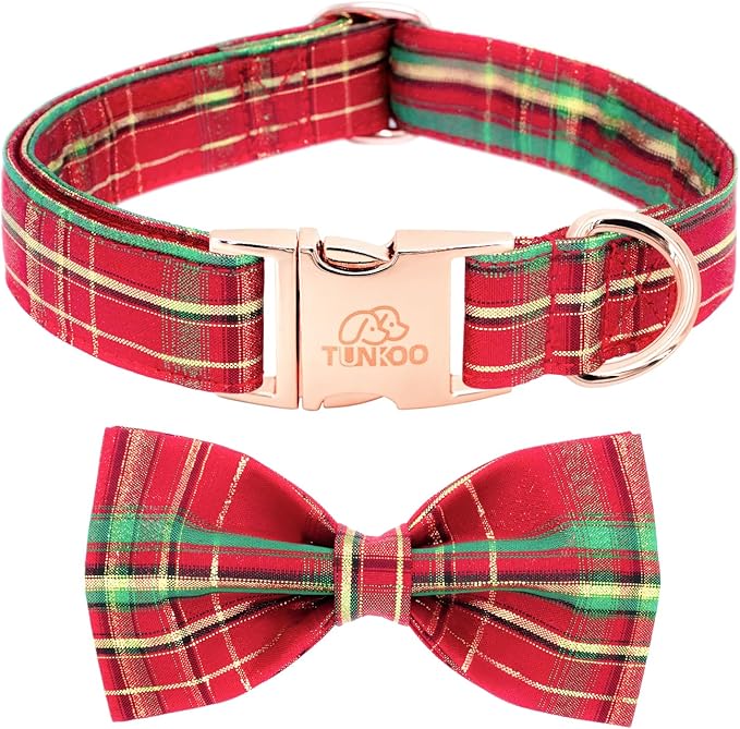 Tunkoo Dog Collar Christmas Shiny Plaid with Bow Tie, Rose Gold Metal Buckle Durable Adjustable Dog Collars - for Small Medium Large Festive Pets Collar, S