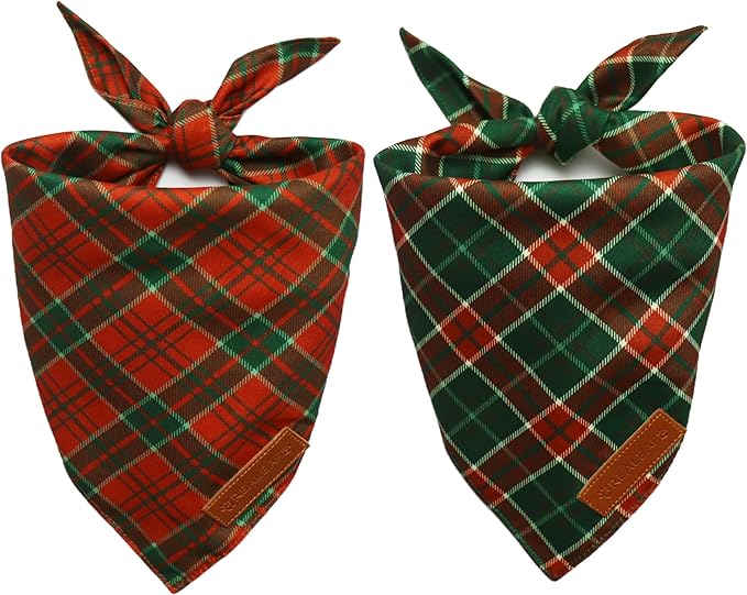 Realeaf Christmas Dog Bandanas 2 Packs, Reversible Red Green Plaid Dog Scarf, Xmas Pet Bandana for Boy and Girl, Premium Durable Fabric, Holiday Check Bandana for Medium and Large Dogs Pets (Large)