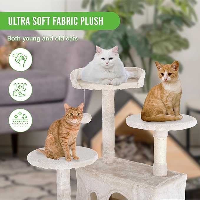24/7 Shop at Home Court 54 inch Multi-Level Cute Cat Tree Tower with Dangling Ball and Scratching Posts for Indoor Cats Adults, Kitten Supplies, Pet House, Beige