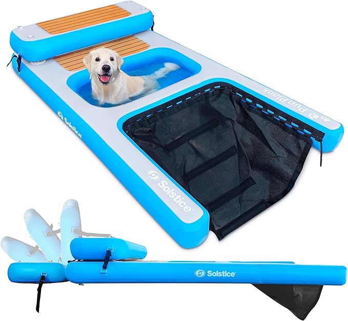 SOLSTICE Inflatable Pup Plank, Dog Water Ramp for Boats & Docks, Lounge, 250 lb Capacity - Floating Platform for Pets for Lake, River, Beach & Swimming Pool, Includes Pump, Patent-Protected Design