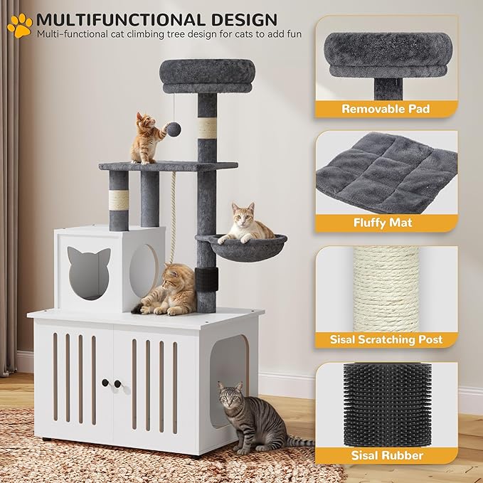 YITAHOME Cat Tree with Litter Box Enclosure, 2-in-1 Cat Furniture, Modern Cat Condo with Cat House, Perch, Food Station, Hammocks, Scratch Post, Hair Brush, 53.5 Inch, White