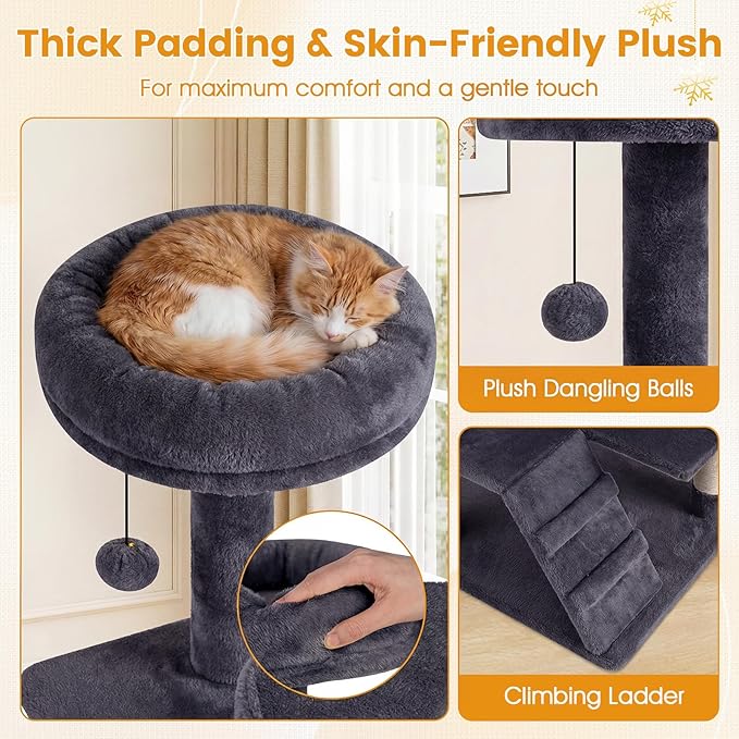 PETSITE 52-inch Cat Tree, Multi-Level Cat Tower with Sisal Scratching Posts, 2 Comfy Condos, Plush Padded Soft Top Perch, Dangling Balls, and Climbing Ladder, Ideal for Indoor Cats (Dark Grey)