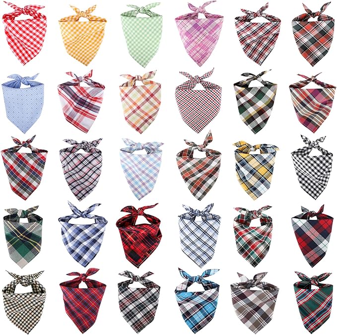 Segarty 30 Pack Pet Scarf, 22.8"x15.7" Washable Triangle Plaid Bibs Dog Bandanas Accessories Bulk for Small Medium Dogs Cats Large Puppy, Adjustable Reversible Boy Pets Birthday Kerchief