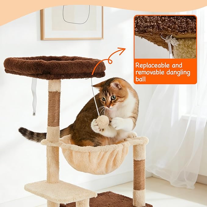 Cat Tree for Indoor Cats, 39.8-inch Cat Tower with 2 Plush Perches for Play & Rest, 1 Cozy Hideaway, Dangling Toy & Full Sisal Scratching Posts for Indoor Cats, Brown