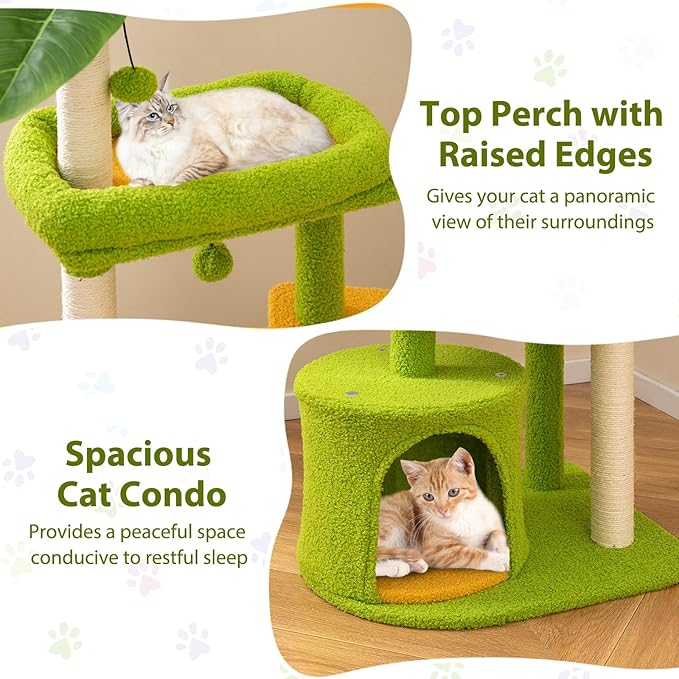PETSITE Palm Cute Cat Tree, 48 Inches Tall with Sisal Scratching Posts, Condo, Dangling Ball, and Self Groomer, Ideal for Indoor Small & Medium Cats (19 x 16 x 48 inches)