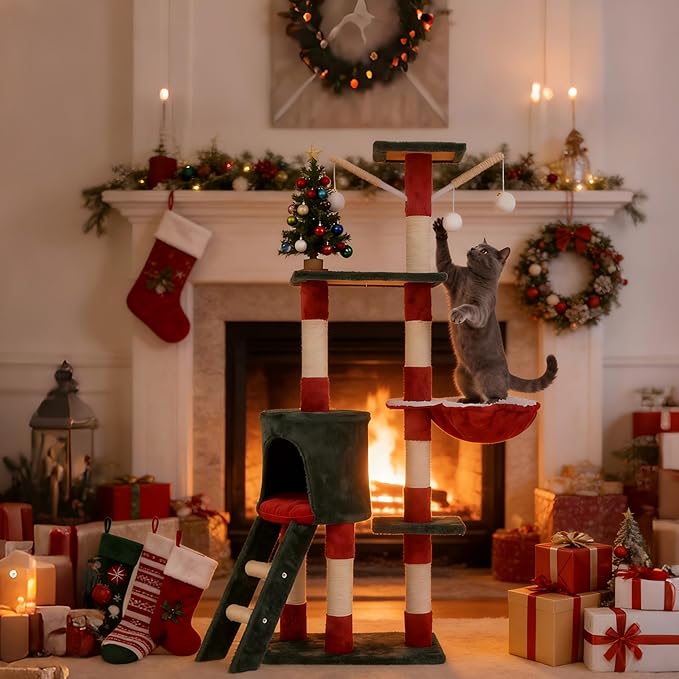 55" Christmas Cat Tree with Cozy Condos, Sisal Scratching Posts & Plush Fabric, Cats Tower with Large Perch Activity Center for Kittens to Adults Cats, Fits Living Room, Bedroom, Apartments