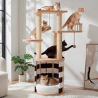 YITAHOME Stable Pine Wood Cat Tree, Multi-Level Cat Tower with Cat House, Observation Perches, Plush Bed, Sisal Scratching Posts & Interactive Balls, Cat Furniture
