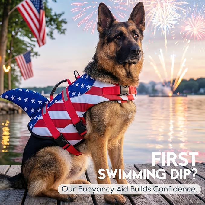 ASENKU Dog Life Jacket - Pet Safety Vest for Swimming & Boating, Shark Life Jacket with Floatation, Dog Lifesavers Swimsuits for Small Medium Large Dogs (RedFlag, M)