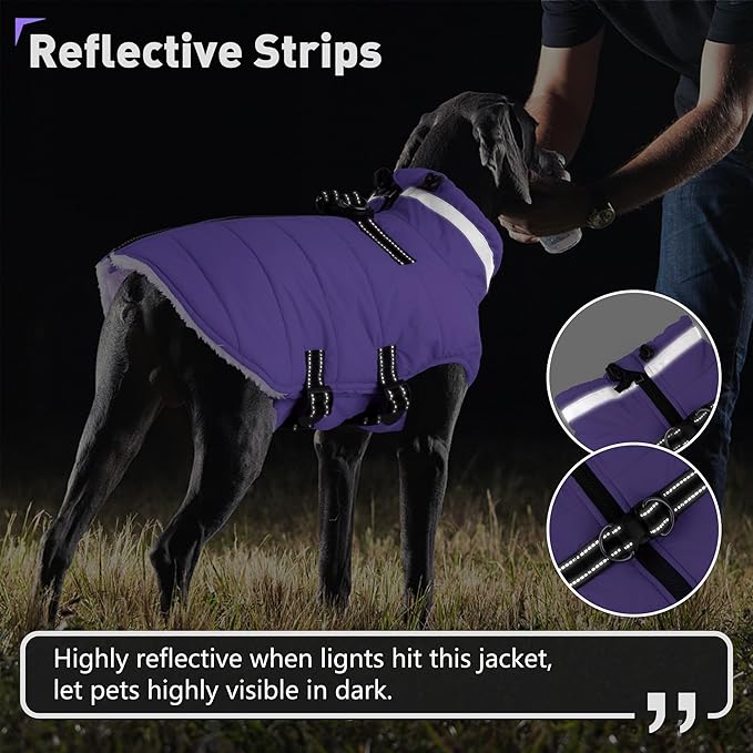 Dogcheer Dog Coat with Harness, Waterproof Dog Jacket Adjustable Winter Coat with Zipper, Christmas Puppy Snow Jacket Fleece Sweater for Small Medium Large Dogs - Taro Purple XL