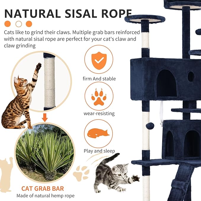 Heavy Duty 70 Inch Cat Tree - Tall Tower with 3 Perches, 2 Condos, Ladders, Sisal Pole & Scratching Posts - Blue