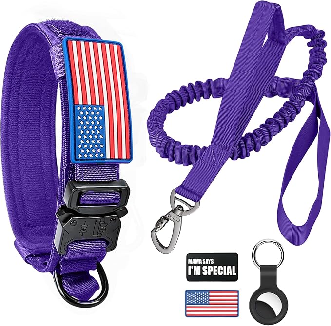 Tactical Dog Collar and Bungee Leash Set, Adjustable Military Training Nylon Dog Collar with Controll Handle and Heavy Metal Buckle，with USA American Flag, Patches and Airtags Case (Purple, XL)