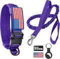 Tactical Dog Collar and Bungee Leash Set, Adjustable Military Training Nylon Dog Collar with Controll Handle and Heavy Metal Buckle，with USA American Flag, Patches and Airtags Case (Purple, XL)