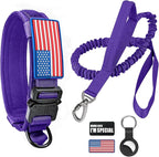 Tactical Dog Collar and Bungee Leash Set, Adjustable Military Training Nylon Dog Collar with Controll Handle and Heavy Metal Buckle，with USA American Flag, Patches and Airtags Case (Purple, XL)