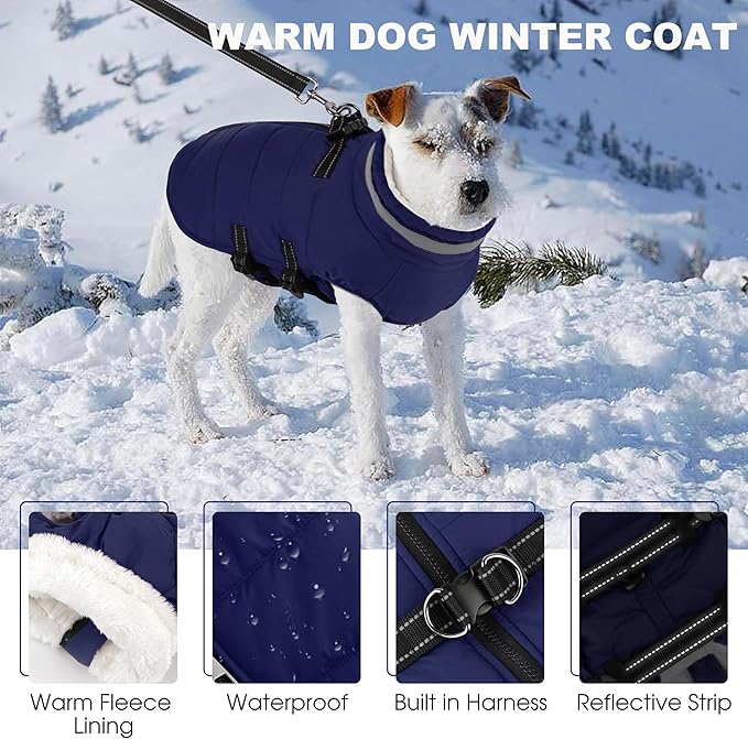 Mklhgty Large Dog Coat with Harness Built-in, Waterproof Reflective Fleece Lined - Warm Windproof Winter Jacket with Back Zipper, Cold Weather Snow Dog Coats - Blue - 2XL