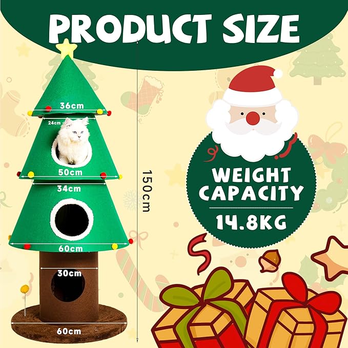 Christmas Cat Tree with 3 Cat Houses, 59 inch Cat Tower for Indoor Cats, Cat Furniture with Teaser Toy for Christmas Decoration