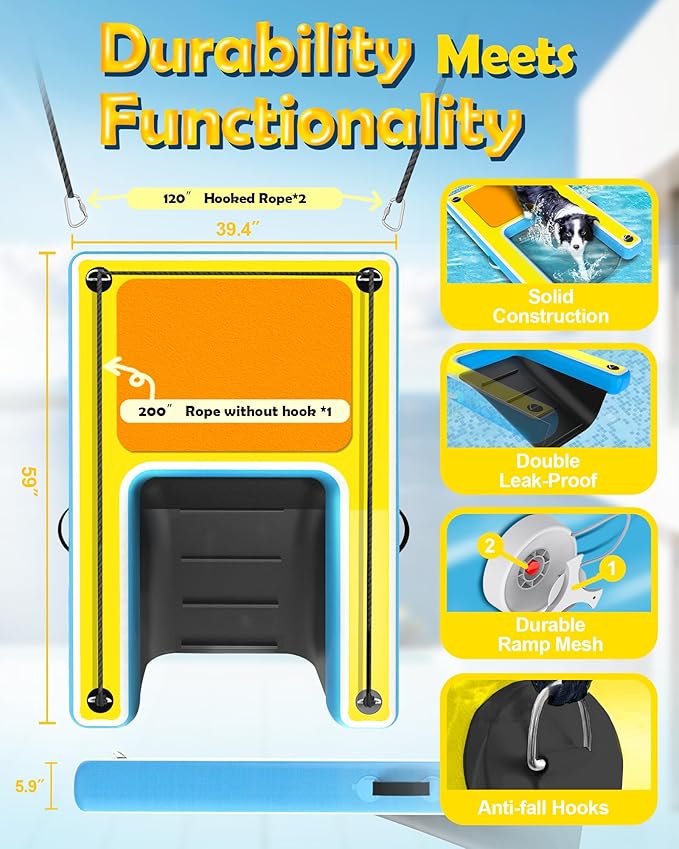 Inflatable Dog Pool Water Ramp – 60"x40" Extra Large Boat Ramp for Dogs Up to 240 lbs, Non-Slip Puncture-Resistant Floating Dock Platform, Water Ladder for Lakes, Pools, Boats & Oceans