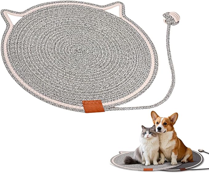Handmade Woven Cat Scratcher Mat, 16.9"/19.7" Natural Cotton Rope Cat Scratching Pad for Indoor Cats, Non-Slip Flat Scratch Pad, Soft Durable Cat Lounging Mat with Ball Toy (Wave Pattern,16.9 in)