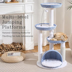 Wood Modern Cat Tree for Large Cat, 46" Tall Cat Tower with Scratching Posts, Cat Condo, Aesthetic Multi-Level Cat Climbing Tree with Hand-Woven Bed for Adult Indoor Cats-Blue