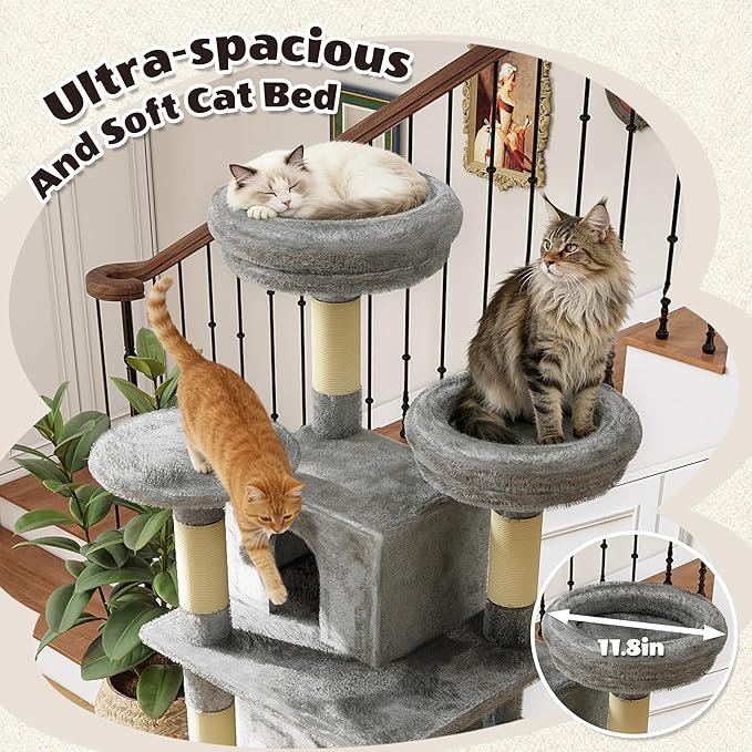 70.87" Cat Tree for Indoor Cats, Multi-Level Cat Tower with 2 Private Condos, 3 Perches & Hanging Hammock, Natural Sisal Scratching Posts, Stable for Multi-Cat Families, Kittens to Seniors (Gray)