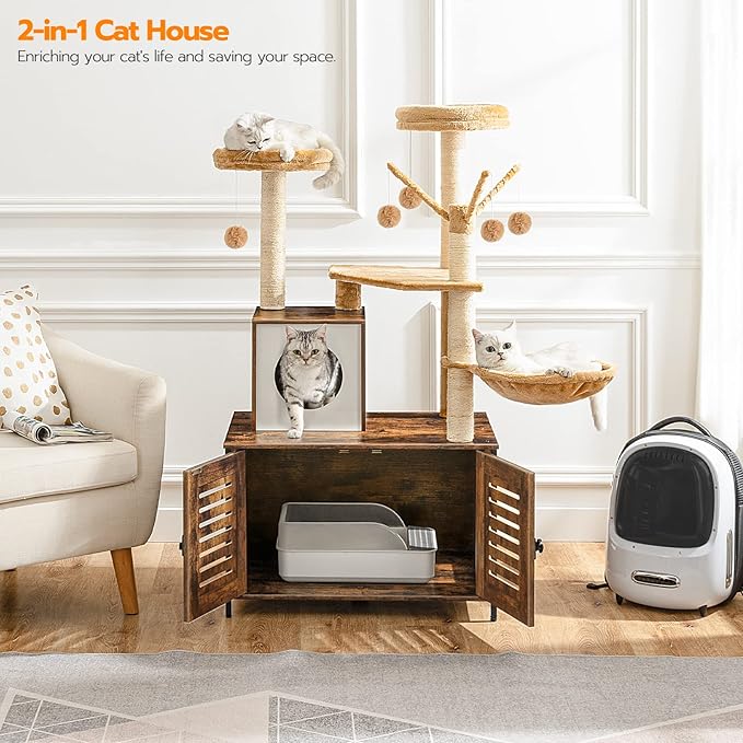 HOOBRO Cat Tree with Litter Box Enclosure, Scratching Posts, Litter Box Enclosure Furniture for Indoor Cats, All-in-One Wooden Cat Tower Condo House with Cat Hammock, Rustic Brown BF14MZ03