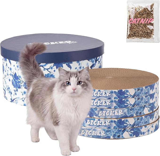 CSR1012B Kate 12" Modern Patterned Cardboard Reversible Cat Scratcher Pad in Box with Catnip, Blue/White (5-Pack)