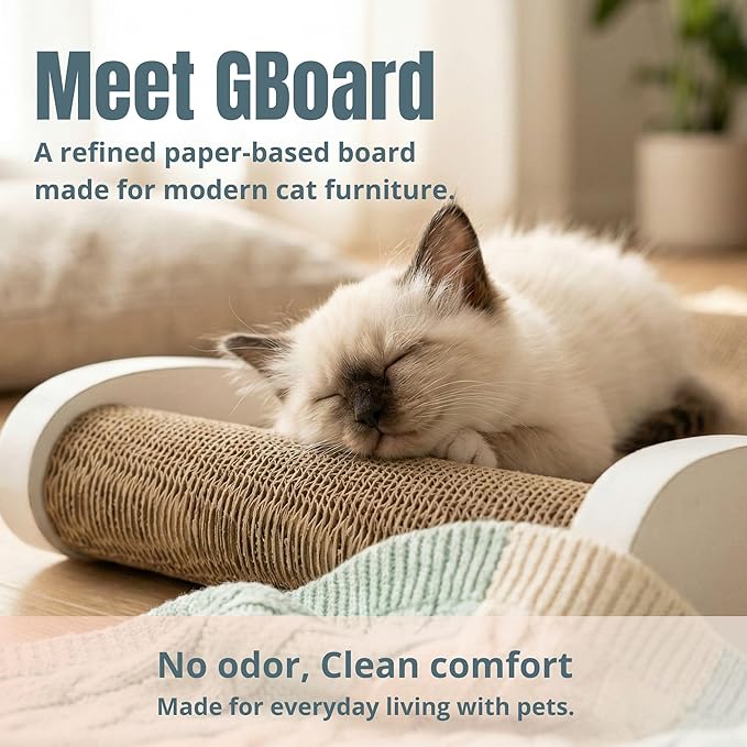 Claw Surfer Cat Bed - Cat Scratcher Bed & Lounge – Heavy Duty High-Density Cardboard, Lasts 5X Longer. Modern Curved Scratching Pad with 20mm White Frame. Non-Toxic, No Mess, White