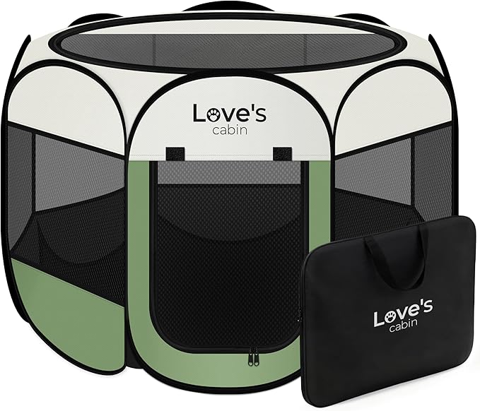 Love's cabin Pet Puppy Dog Playpen, Small Dog Tent Crates Cage Indoor/Outdoor, Portable Playpen for Cat, Foldable Pop Up Dog Kennel Playpen with Carring Case, Removable Zipper Top, Olive Green