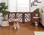 Wooden Foldable Pet Dog Safety Gate - 4 Panels Scroll 20 W x 24 H- Hand Carved Solid Wood & MDF- Free Standing Portable Indoor Doorway Hall Stairs Puppy Fence -Fully Assembled- Antique Brown -IRONGATE