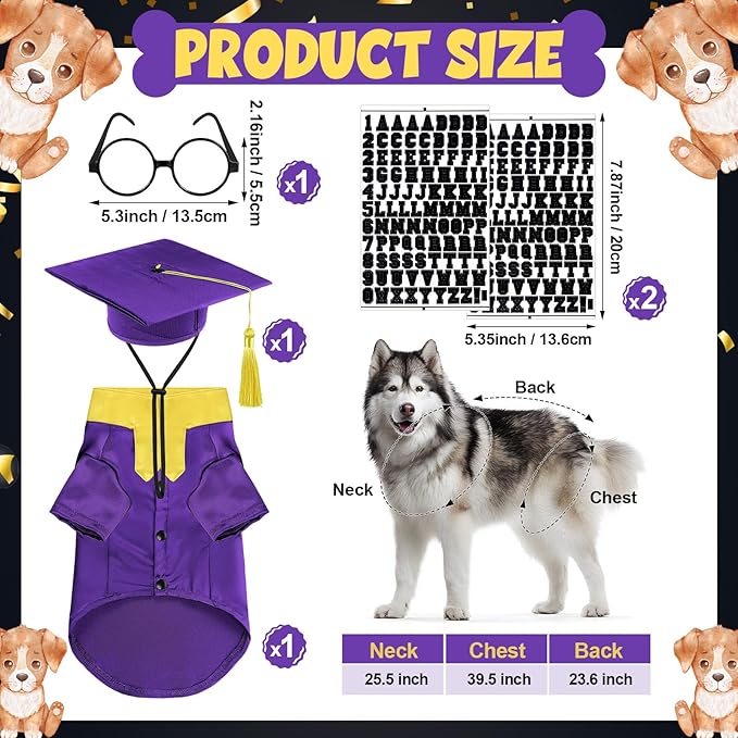 5 Pcs Dog Graduation Costume Set Include 2026 Pet Graduation Gown with Stole Puppy Grad Cap Lensless Glasses DIY Letter Stickers for Dogs Cats Holiday Costume Accessory(Purple Yellow,XXL)