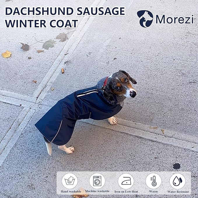 Dachshund Coats Waterproof Suitable for Dachshunds Weiner Dog Winter Coat with Fleece Puppy Snowsuit with Adjustable Bands Reflective Stripe Navy Small