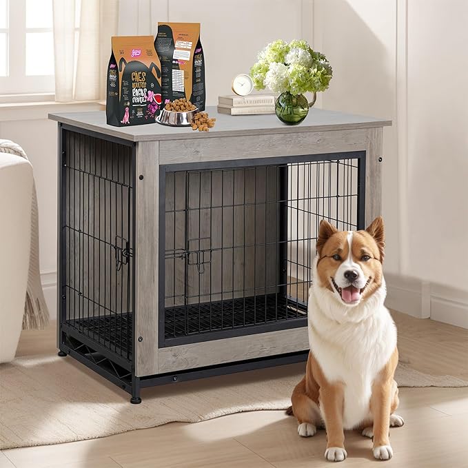 Shintenchi Dog Crate Furniture, Double-Doors Kennel Indoor with Removable Tray, End Table Dog House for Small Medium Breed, 32.5" L, Grey