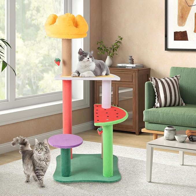 PETSITE 45-inch Cute Cat Tree, Multi-Level Cat Tower with Scratching Posts, Plush Padded Top Perch, Fruit-Shaped Platforms, and Strawberry Dangling Balls, Fruit Cat Tree Tower for Indoor Cats
