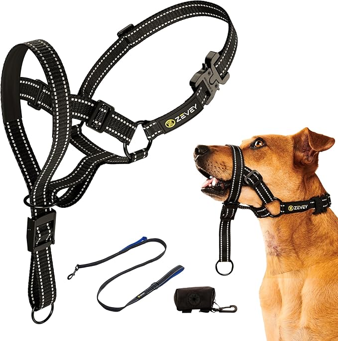 Dog Headcollar With Leash And Safety Strap Stops Heavy Pulling On The Leash Padded Reflective Head Halter For Small Medium Large Dogs Adjustable Head Harness For Training And Walking, (M, Black)