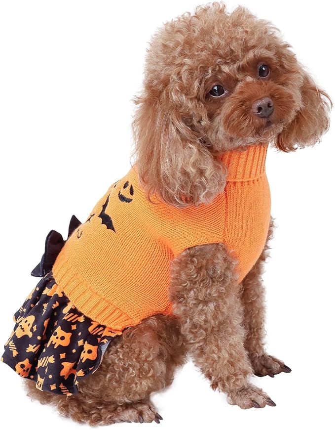 CuteBone Halloween Dog Sweater Dress Trick or Treat Knit Turtleneck Puppy Sweater with Bowtie Leash Hole Pullover Winter Dress for Small Dogs