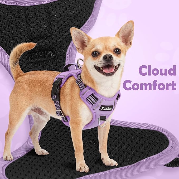 Funfox Dog Harness No Pull, Adjustable Pet Vest Harness, Super Soft Material with Vertical Handle Easy Control, Reflective Night Walking, 2 Leash Clips for Small Sized Dogs, Purple, S