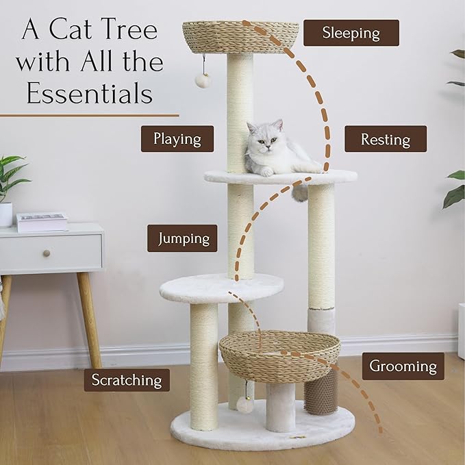 PetPals® Pharaoh 5-Level Cat Tree with Recycled Paper Rope Baskets, Sisal Scratching Posts, Teaser Toy, Massager, Eco-Friendly Boho Cat Furniture for Cats Up to 15 lbs