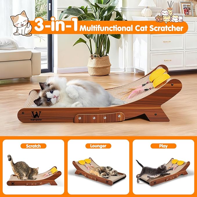Sisal Cat Scratcher Bed, Natural Solid Wood Scratch Lounger, No Mess Scratching Chair Couch for Indoor Cats, 26 Inch Cat Scartching Pad, 3 in 1 Scratching Board, Furniture Protector