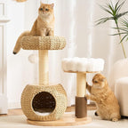 Modern Solid Wood Cat Tree Tower for Indoor Cats Large Adult, 30 inch Corner Cat Tree with Handmade Rattan Cat Bed, Luxury Aesthetic Cat Tree with Rattan Cave, Soft Plush Bed, Groomer, Scratching Post