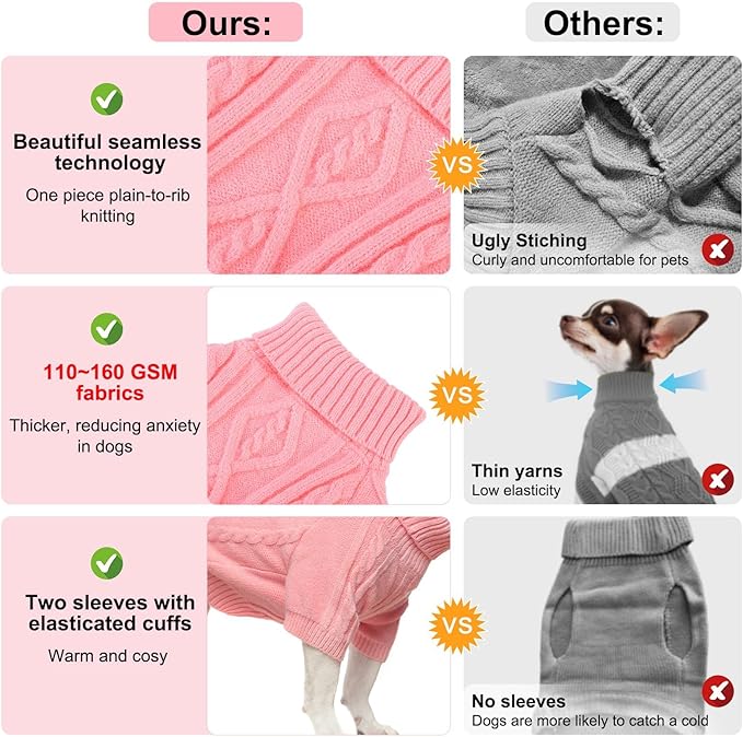 BEAUTYZOO Small Dog Sweater Female Male, Fleece Dog Winter Sweater for Medium Girl Boy Dogs, Pink Warm Cute Puppy Pullover Sweater, Thick Turtleneck Pet Cold Weather Clothes Cable Knitwear, Pink SM