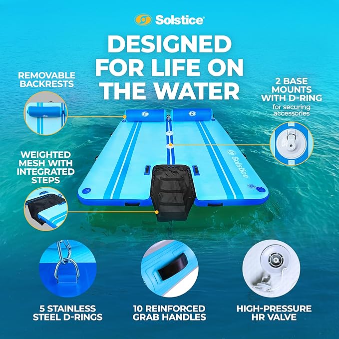 SOLSTICE Party Plank 6-8 Person Rise Inflatable Dock, Floating Water Raft Platform, 10ft x 8ft - Outdoor Fun for Lake, River, Swimming Pool & Beach, Includes Backrests, Threaded Ports, & Carry Bag