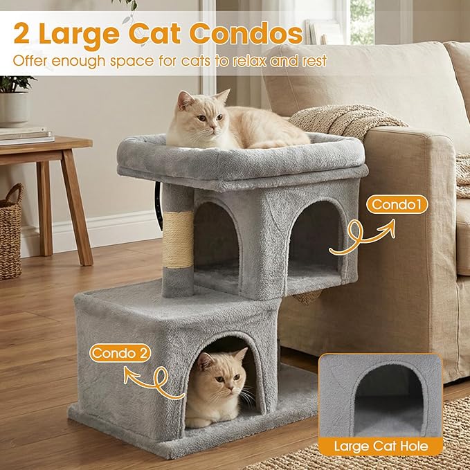 PETSITE 25.5-inch Small Cat Tree, Modern Multi-Level Cat Tower with 2 Comfy Condos, Sisal Scratching Posts, Large Plush Top Perch, and Anti-Tipping Kits, Ideal for Indoor Cats and Kittens (Grey)