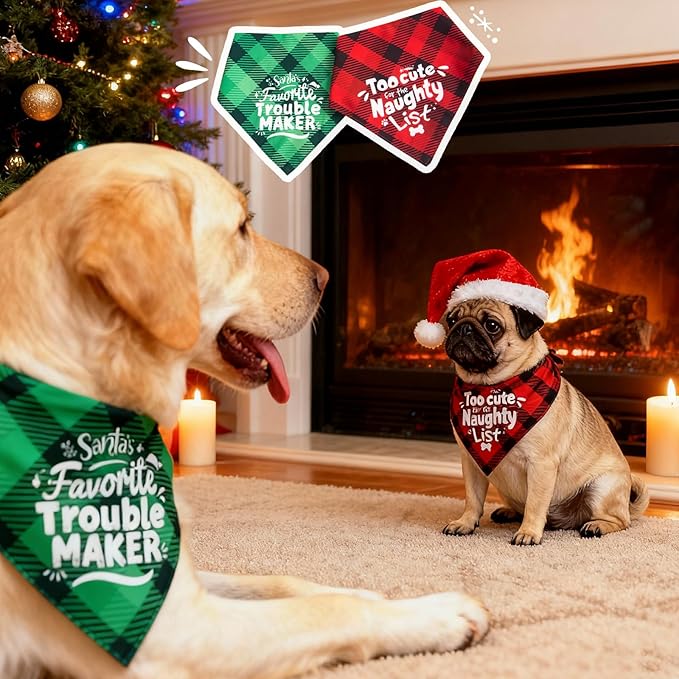 Christmas Dog Bandanas -Too Cute for the Naughty List, Funny Holiday Stocking Pet Scarf Gifts, Red Plaid, Small & Medium Breed, 5-25lbs