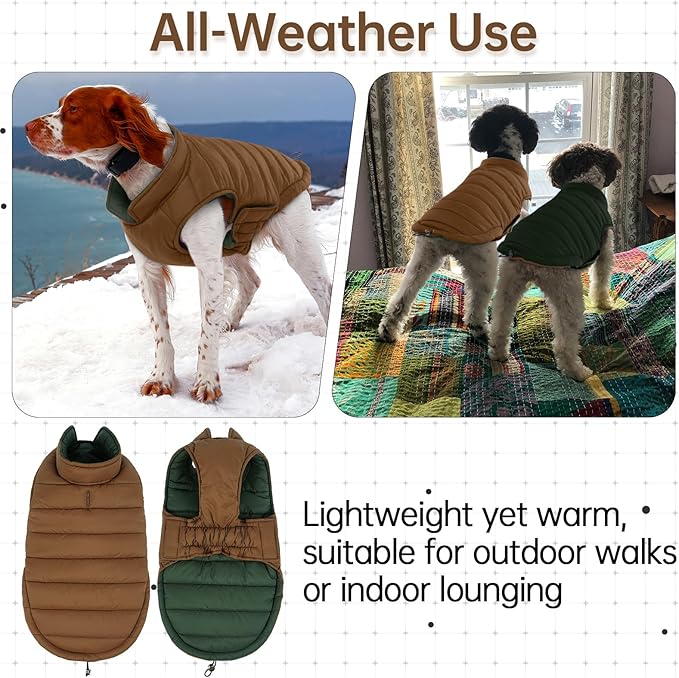 Lelepet Reversible Dog Coat Waterproof Dog Jacket Windproof Puffer Vest for Winter Warm Lightweight Coats for Medium Dogs Adjustbale Hook & Loop Pet Apparel with Leash Hole, French Bulldog, Brown L
