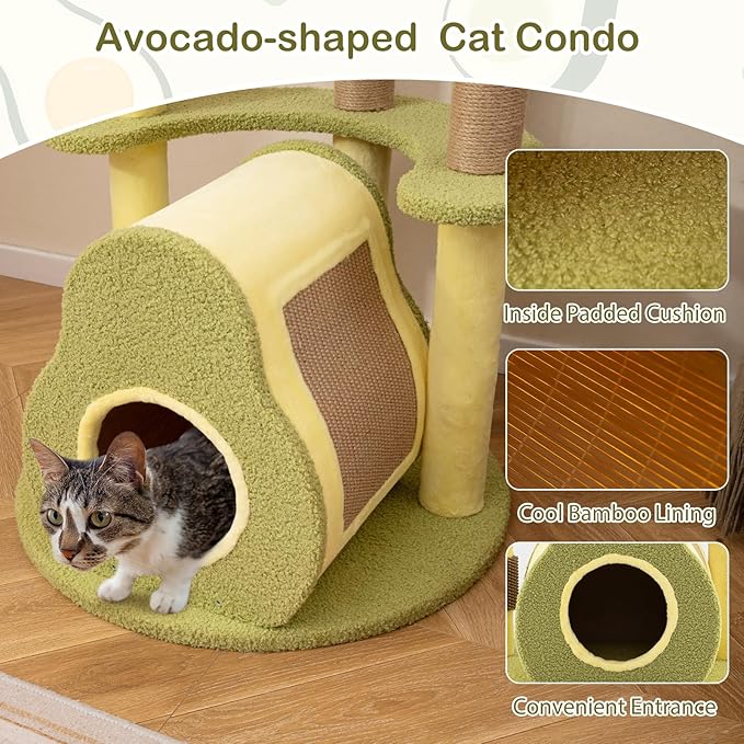 PETSITE 49-inch Avocado-Themed Cat Tree, Multi-Level Modern Cat Tower with Jute Scratching Posts, Cat Condo, Self Groomer Brush, and Dangling Toys, Cute Cat Tree Tower for Indoor Cats