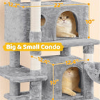 Yaheetech Cat Tree, 67in Large Tower w/ 3 Removable Teaser Sticks, 2 Kitten-Ear Shaped Perches, 2 Condos, Hammock, Scratching Post, Multi Level Pet House, Light Gray